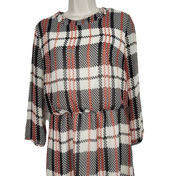 Honey Punch Sheer Blouson Dress Women Size M Cream Red Black Plaid Long Sleeve - Picture 2 of 10